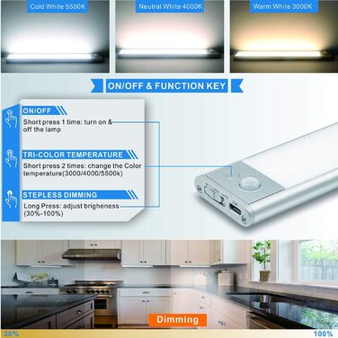 Кухонний світлодіод під шафою, 140 світлодіодна стрічка Акумуляторне освітлення кухні під шафою з можливістю затемнення, світло датчика руху 3 колірні температури 3000 мАг акумулятор бездротовий, 3 режими 40 см