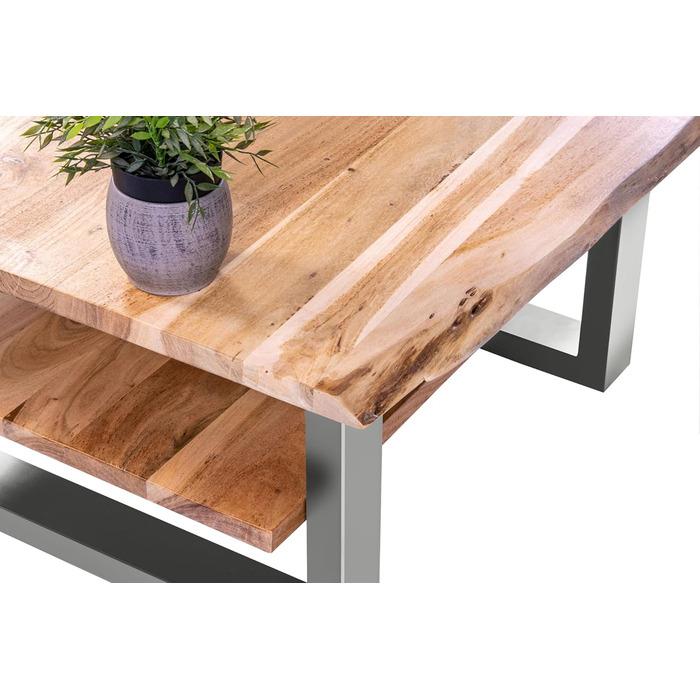 Журнальний столик SAM B-класу 115x65 см Philipp, диванний столик з полицею, масив акації натуральний колір лакований, журнальний столик зі справжнім живим краєм, U-подібна рама срібляста 115 x 65 см натуральний колір / сріблястий