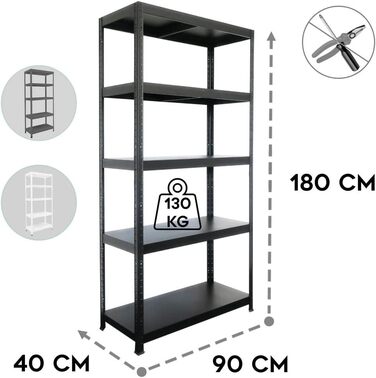 Міцний стелаж - ВxШxГ 180 x 90 x 40 см - Чорний - Вантажопідйомність 650 кг - Стелаж без болтів з 5 полицями - Навантаження на полицю 130 кг - Зроблено в ЄС - Міцний металевий стелаж - Легке складання - Для майстерні та складу
