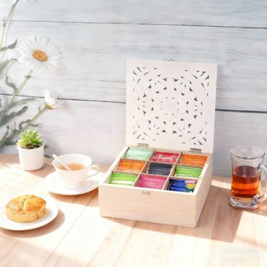 Чайні коробки для чайних пакетиків, дерев&39яна чайна скринька з 9 відділеннями, коробка для зберігання чайних пакетиків з кришкою з різьбленим квітковим орнаментом ручної роботи, біла