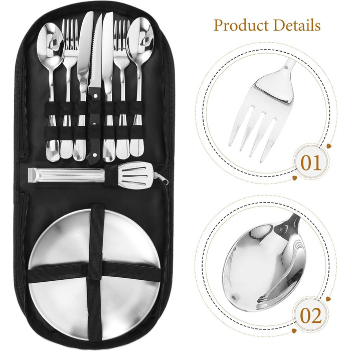 Набір столових приборів для кемпінгу на відкритому повітрі, 10 предметів, портативні столові прибори для пікніка з нержавіючої сталі з сумкою для зберігання, легкий дорожній посуд для кемпінгу, барбекю, походів та активного відпочинку на свіжому повітрі
