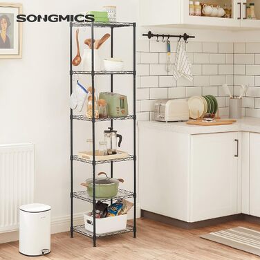 Рівнева кухонна полиця, металева полиця, окремостояча полиця, регульовані по висоті дротяні полиці, з полицями з поліпропілену, 8 S-подібних гачків, для кухні, вітальні, вантажопідйомність до 120 кг, чорна LGR116B01 6 рівнів (29 x 40 x 160 см) чорна, 6-