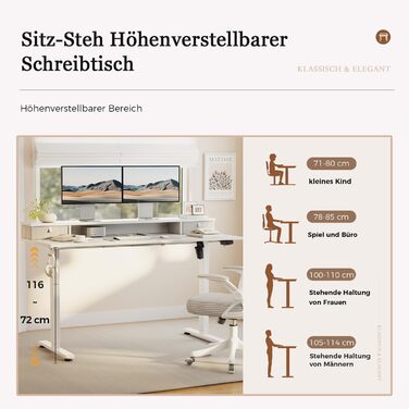 Письмовий стіл Klicelor з регульованою висотою та подвійними шухлядами, електрично регульований по висоті стіл, комп&39ютерний стіл для роботи сидячи та стоячи, ергономічний стіл для роботи стоячи, 100 x 60 см, білий