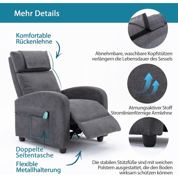 Крісло-реклайнер, крісло під телевізор з функцією відкидання, функція масажу, функція підігріву, масажне крісло з пультом дистанційного керування, тканинний шезлонг, сірий реклайнер з поліестерової суміші