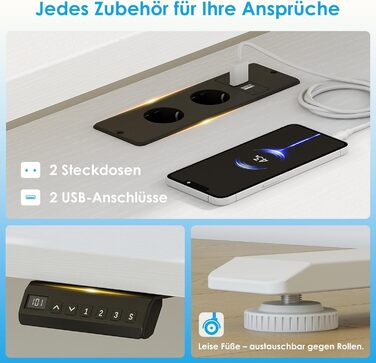 Кутовий письмовий стіл OffiGo, регульована висота, 150x120 см, стіл з регульованою висотою та розеткою, електричний L-подібний стіл з підставкою для монітора, білий 150 x 120 см