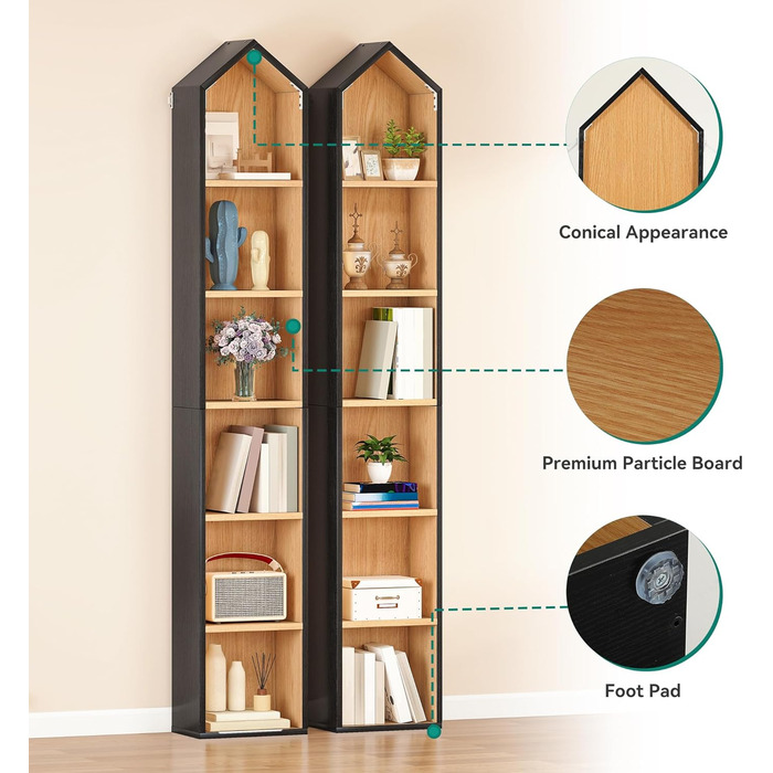 Висока вузька книжкова полиця, кутова тонка у формі будинку, 6-ярусна окремостояча книжкова полиця, компактний дизайн для зберігання речей у домі та офісі, чорний та дубовий, 30Ш 23,5Г 181В см, 2 шт. чорного кольору*2 шт. 23,5Г x 30Ш x 180В см