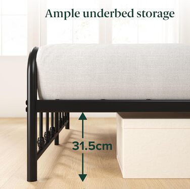 Ліжко Zinus Florence 140x200 см з вінтажним узголів&39ям - Металеве ліжко 140x200 з металевою рейковою основою - Платформа заввишки 35 см з простором під нею - Пружинний матрац не потрібен - Чорний, вінтажний індустріальний стиль 140x200 см Чорний