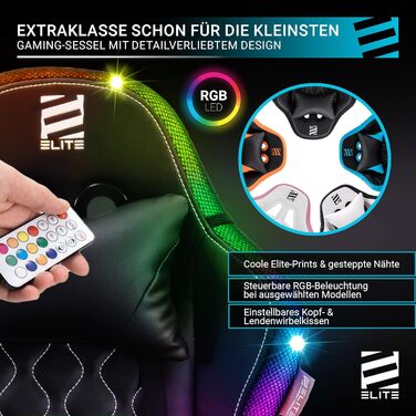 Ігрове крісло ELITE LED Pulse для дітей Ергономічне офісне крісло - Робоче крісло - Крісло керівника - Крісло - Гоночне ігрове крісло - Ігрове крісло - Обертове крісло - Крісло - Штучна шкіра (чорний/білий RGB)