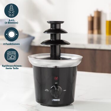 Шоколадний фонтан Princess - 3 рівня, функція збереження тепла, функція потоку, 0.4 л, 32 Вт, 01.292994.01.001, Чорний 0.4 літра
