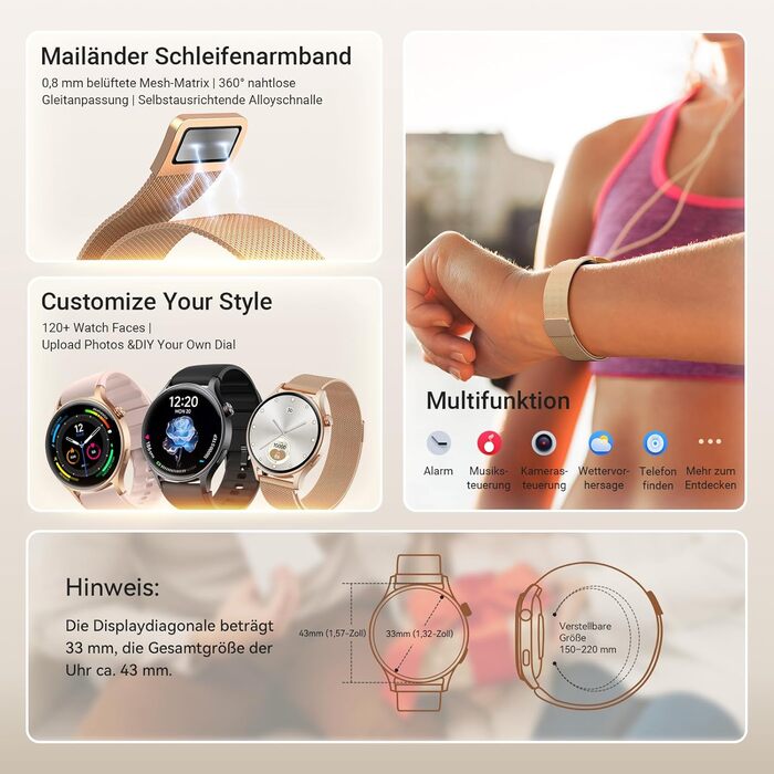 Розумний годинник для чоловіків та жінок, круглий дизайн з функцією телефону - 1,32-дюймовий AMOLED-дисплей, фітнес-годинник з більш ніж 110 спортивними режимами та водонепроникністю 3 атм, сумісний з iOS/Android, крокомір з пульсометром, монітор сну - ро