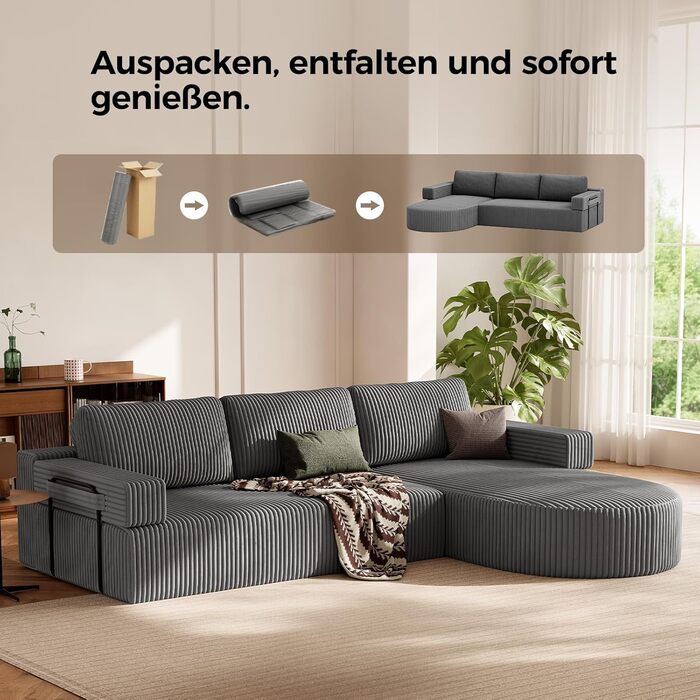 Кутовий диван з функцією сну, вельветовий L-подібний диван-ліжко, диван без кісток, секційний диван-ліжко з сидінням 75 см, модульний диван-ліжко із заокругленим шезлонгом, світло-сірий