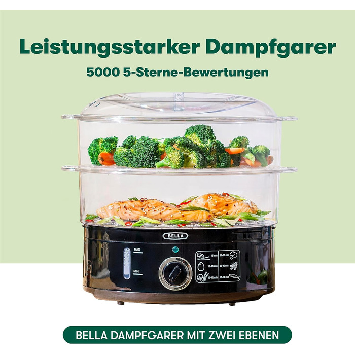 Дворівнева пароварка BELLA зі штабельованими кошиками та знімною основою для швидкого одночасного приготування їжі автоматичне вимкнення та захист від википання, 7 л, чорна дворівнева пароварка чорна