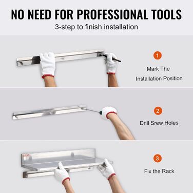 Настінна полиця для спецій VEVOR, 2 шт., підвісна кухонна полиця 610 x 218 x 85 мм, плаваюча полиця з нержавіючої сталі, вантажопідйомність 20 кг, полиця для спецій, підходить для кухонь, ресторанів, готелів тощо.