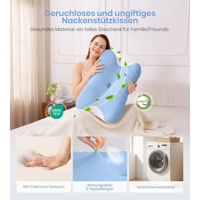 Подушка для шиї, ортопедична подушка з регульованою висотою з піни з ефектом пам&39яті, ергономічна подушка для шиї для сну на боці, спині та животі, подушка для сну на боці, 60x41,5x10/12 см, біло-синій