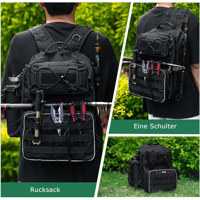 Рюкзак для рибалки Goture, рюкзак для рибальських снастей із тримачем для вудки, сумка для спорядження для морської риболовлі, сумка через плече для вулиці, чорно-чорна (збільшена версія)