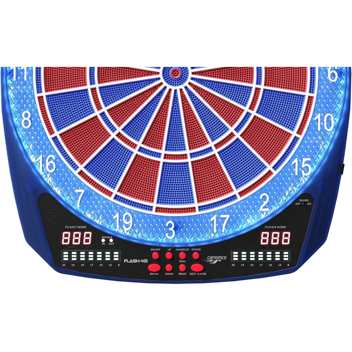 Електронна мішень для дартсу Carromco FLASH-401 Професійна електронна мішень для дартсу з 2-ма лунками та світлодіодним підсвічуванням, для 1-8 гравців, 35 ігор, 584 варіації, синьо-червона, 42 x 3,2 x 46 см, набір електронних дартсу