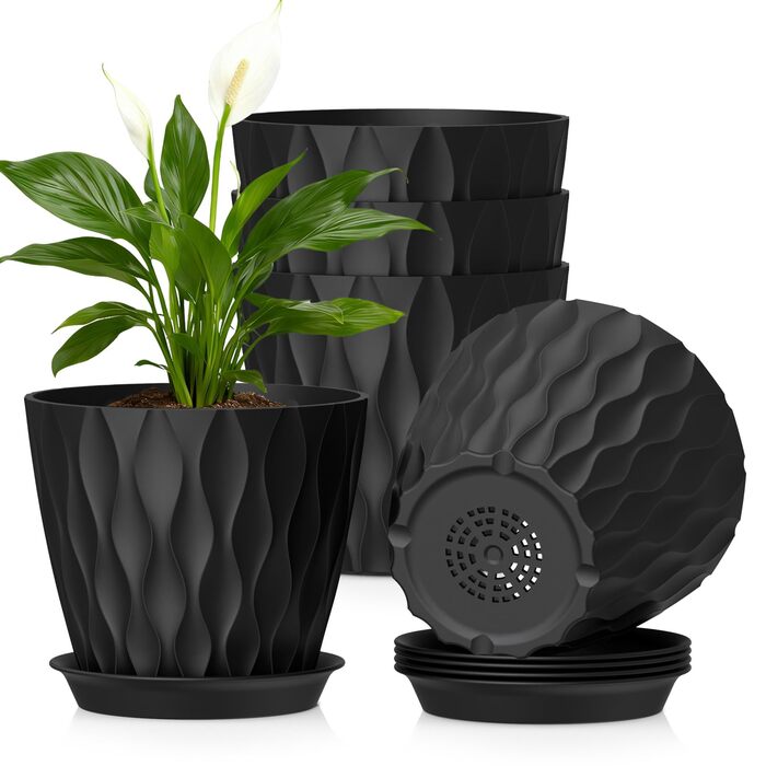 Квітковий горщик 17,6 см, набір із 5 товстих пластикових горщиків для рослин з блюдцями та дренажними отворами, кашпо з 3D хвилеподібною текстурою для рослин-зміїків, рослин-павуків та кімнатних/вуличних рослин, чорний, Ø 17,6 см, 5 шт. у упаковці