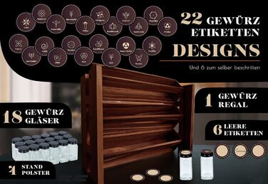 Елегантна підставка для спецій з темного дерева, настінна та настінна, 18 баночок для спецій, 25 етикеток, органайзер для спецій, підставка для спецій, кухонна полиця, вінтажна дерев&39яна підставка для спецій - підвісна система підставок для спецій - збе