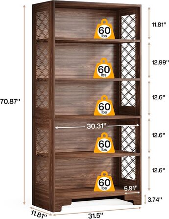 Книжкова полиця Tribesigns, вінтажна окремостояча полиця заввишки 180 см, 6-ярусна дерев&39яна книжкова полиця з відкритими полицями, для вітальні, домашнього офісу, промисловий дизайн, вінтажно-коричневий колір