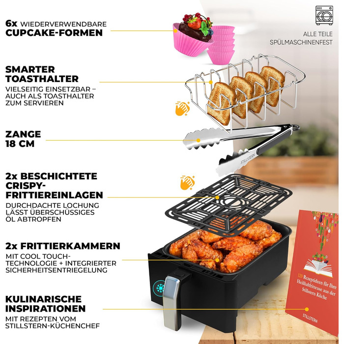 Л, 2400 Вт, 80-200 C, функція струшування розроблена STILLSTERN, Same-End, 120 рецептів GERMAN, 8 програм, зневоднення, розморожування та підтримання тепла, фритюрниця чорна, 1-8 Pers 2x4 8