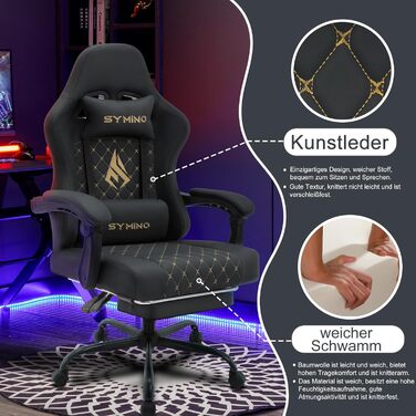 Ігрове крісло Symino - Ергономічне офісне крісло в гоночному стилі, вантажопідйомність 200 кг, регульовані підлокітники, вінтажна штучна шкіра, ігрове крісло з підставкою для ніг, чорна шкіра, стійка до подряпин