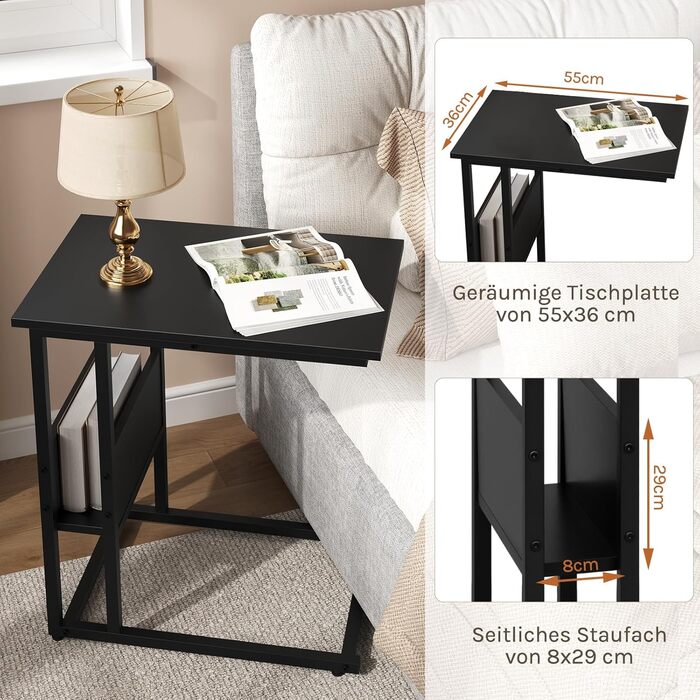 Приставний столик Журнальний столик Диванний столик Тумбочка Приліжковий столик Столик для ноутбука, металевий каркас, стільниця з ДСП, 55x36x59,5 см (ШxГxВ), чорний TS79sz