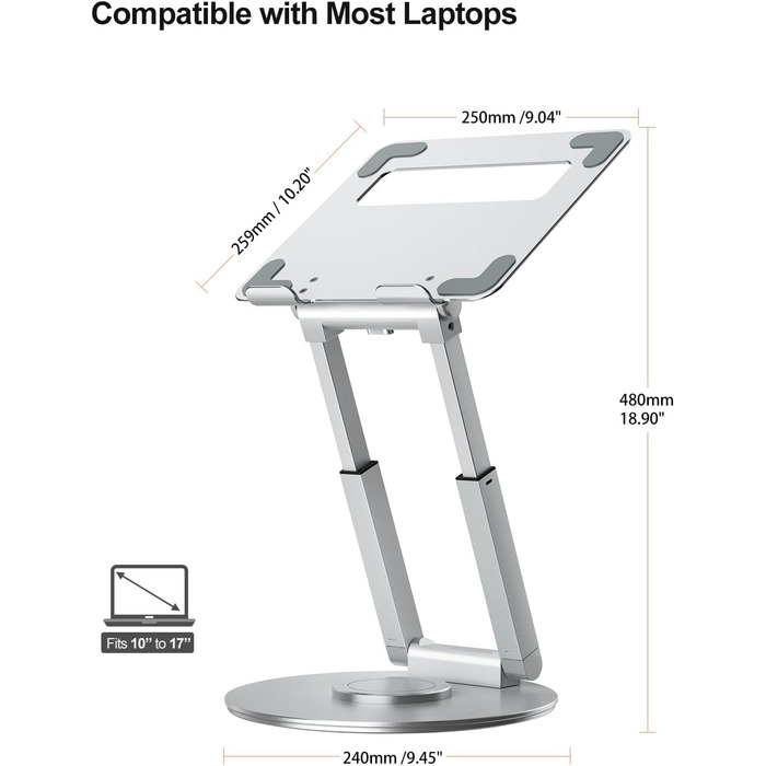Підставка для ноутбука з регульованою висотою та поворотною базою на 360, ергономічна підставка для ноутбука, збільшувач висоти для робочого столу, стійка для ноутбука для роботи стоячи, сумісна з MacBook Pro та ноутбуками 1017 дюймів, срібляста