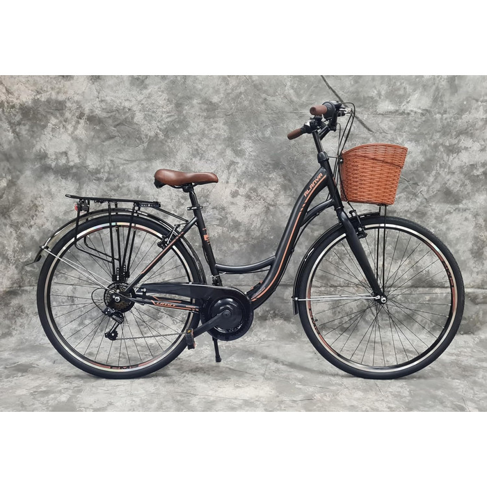 Звичайний жіночий міський велосипед Umit ALANYA 28″, 21-швидкісний перемикач швидкостей, багажник та кошик, НОВИЙ 2810-чорний