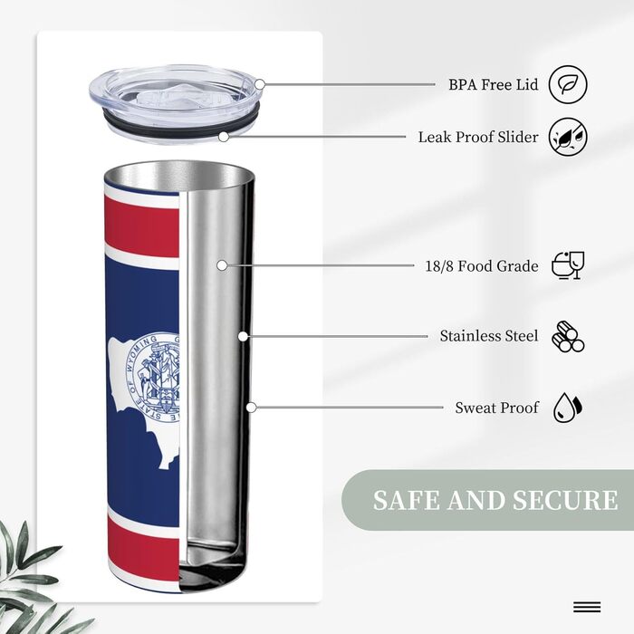 Кухоль з прямою трубочкою, 590 мл, дизайн прапор штату Вайомінг, друкований, дорожній кухоль, підходить для кемпінгу, офісу та дому