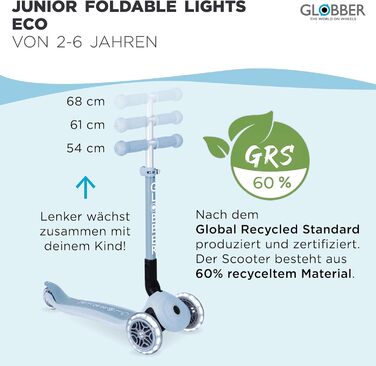Складаний самокат GLOBBER JUNIOR Foldable Lights ECO Tretroller, 120/80 мм, ABEC 9, 3 колеса, LED-підсвітка, колір Blueberry