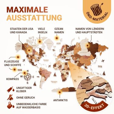 Преміальна 3D дерев&39яна карта світу настінна прикраса німецькою мовою зі шпильками Кріплення на стіну без інструментів Ідея подарунка на будь-яку подію Дерев&39яна настінна прикраса для дому та офісу (колір дерева, 160x85 см) 160Д x 85Ш см, колір дерева