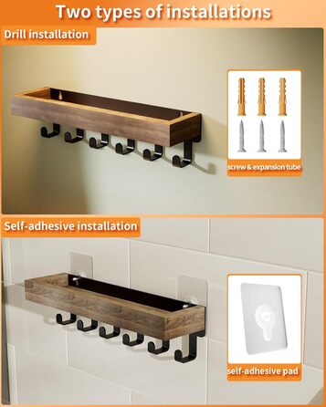 Ключниця з дерев'яним лотком і 6 гачками - багатофункціональна ключниця/дошка для ключів, ключниця з поличкою для передпокою, спал