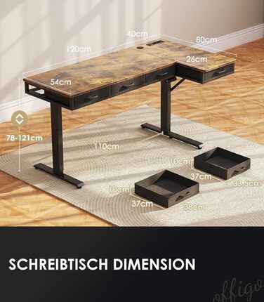 Кутовий стіл OffiGo, регульована висота, 160x80 см, Стіл з регульованою висотою та 4 шухлядами, електричний L-подібний стіл з розеткою для офісу та навчання, великий кутовий стіл, вінтажний коричневий, 160 x 80 см