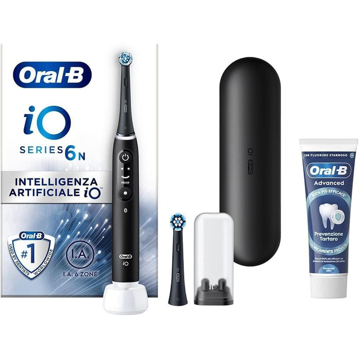 Чорна електрична зубна щітка з підзарядкою, 1 щітка, 2 насадки, дорожній футляр 1 зубна паста Oral-B Advanced для профілактики зубного каменю та ретельного очищення. Нова версія, 6N