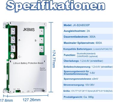 Розумна система керування будинком (BMS) 4S-8S 12V-24V 300A 2A з активним балансуванням, вбудованою платою захисту акумулятора Bluetooth та RS485 для літій-іонних, LiFePO4 та LTO літій-іонних акумуляторних блоків (JK-B2A8S30P) Розумна система керування бу