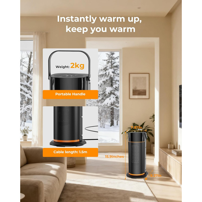 Енергозберігаючий електричний вентилятор-обігрівач - тихий керамічний вентилятор-обігрівач PTC потужністю 2000 Вт, 4-швидкісний нагрів, таймер 9 годин, пульт дистанційного керування, режим ECO, коливання 70, захист від перегріву та перекидання, чорний