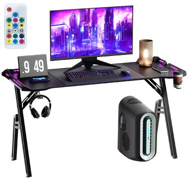 Ігровий стіл зі світлодіодним підсвічуванням, 140 x 60 см, поверхня з карбонового волокна ПК, включає підставку для чашок та гачок для навушників, легке складання, висота 73 см, чорний