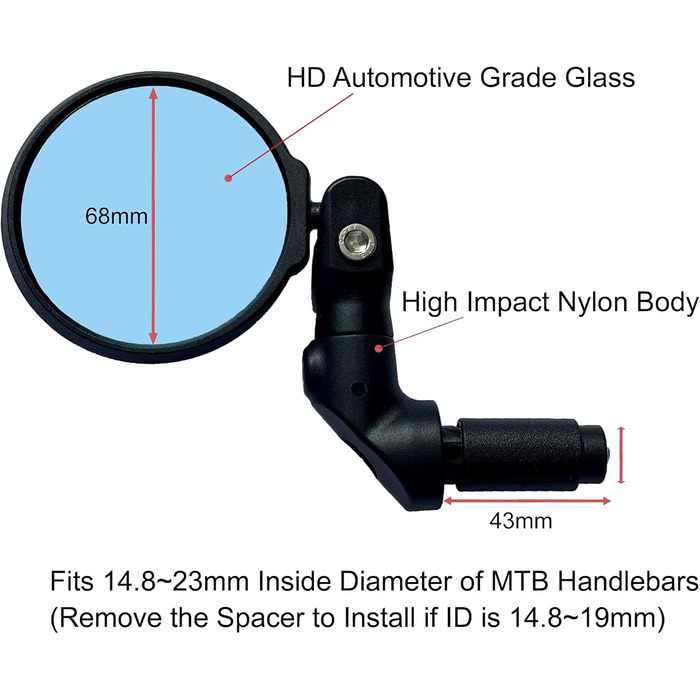 Велосипедне дзеркало Hafny, багаторівневе регулювання, HD-захисне скло, ударостійке, дзеркало для електровелосипеда, дзеркало заднього виду для велосипеда, HF-M952B-FR08 (синє скло без відблисків)