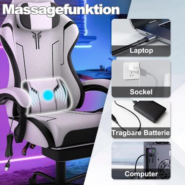 Геймерське крісло з вібраційним масажем та підставкою для ніг, ергономічне кіберспортивне крісло з підголівником та підлокітниками, офісне крісло, регульована висота до 135 кг, біле бавовняне льонне крісло