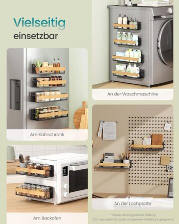 Магнітна полиця для спецій SONGMICS, набір з 4 шт. , 2 великі та 2 малі полиці, органайзер для спецій без свердління, магнітна полиця, для кухні, холодильника, мікрохвильової печі, пральної машини, чорно-натуральний бежевий KCS062BH01 чорно-натуральний бе