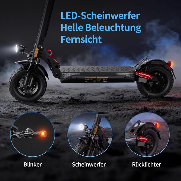 Електросамокат з допуском до дорожнього руху, 10-дюймові позашляхові пневматичні шини з подвійною системою амортизації, акумулятор 12,5 Аг із запасом ходу 6070 км, РК-панель приладів, максимальне навантаження 150 кг, смарт-застосунок.