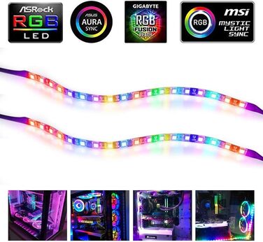 Адресна світлодіодна стрічка RGB J&D PC, 2-пакетна самоклеюча магнітна світлодіодна стрічка RGB плюс подовжувач із 3-контактним RGB-роз'ємом 5 В для материнської плати та корпусу ПК, 13,8 дюйма