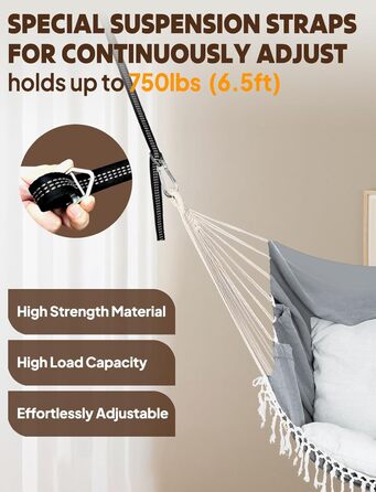 Підвісне крісло Chihee, підвісна гойдалка, 2 подушки сидіння в комплекті, міцні ремені та гачки, легко повісити, підвісне крісло виготовлене з м&39якої бавовняної тканини, бічна кишеня, великий комплект крісел з китицями, зручний комплект крісел для дому/