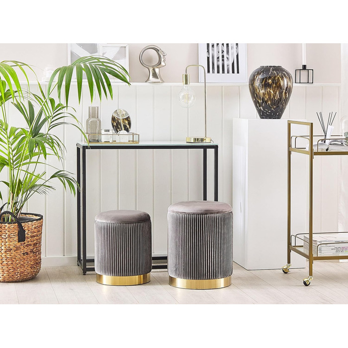 Круглий пуф у комплекті з 2 шт. , виготовлений з сірого оксамиту, пуф-отоманка з сидінням, рифлений дизайн, Miramar