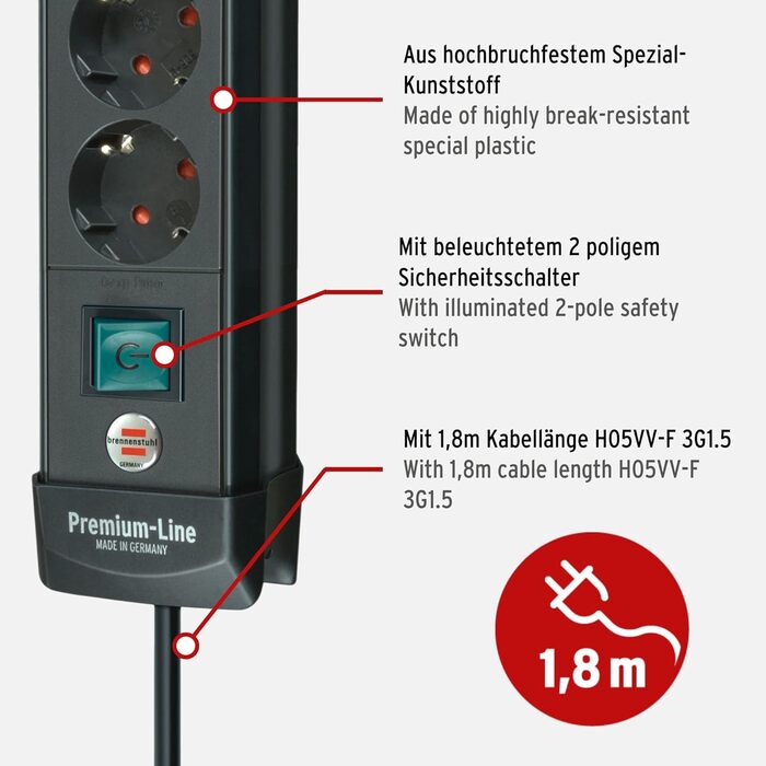 Розетка Brennenstuhl Premium-Line 4-х розкладна (розетка з вимикачем і кабелем 1,8 м, кут захисного контакту розеток -45, зроблено