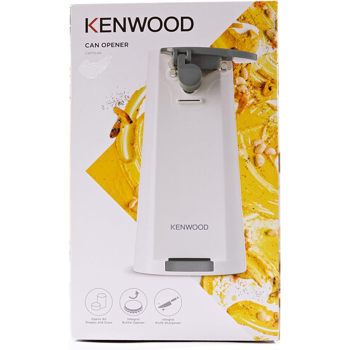 Електричний консервний ніж Kenwood CAP070. A0WH, багатофункціональний кухонний гаджет 3-в-1 із вбудованою точилкою для ножів, відкривачкою для консервів і відкривачкою для пляшок, з намотувачем кабелю, 70 Вт, білий