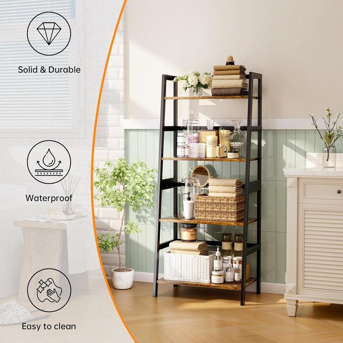 Полиця-драбина HITNET, 4-рівнева книжкова полиця, окремостояча полиця, компактна відкрита полиця для ванної кімнати, підставка для рослин, рустикальний коричневий та чорний колір