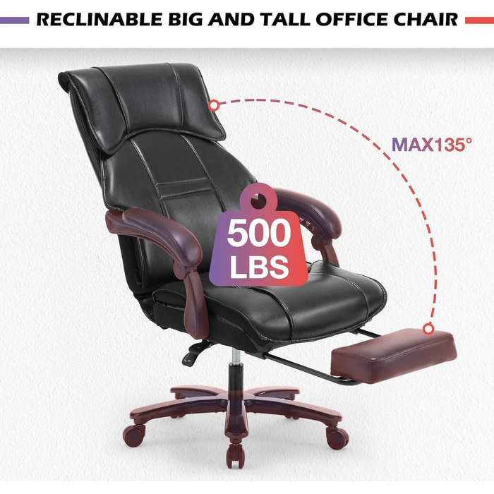 Ергономічне офісне крісло, вантажопідйомність 180 кг, робоче крісло з підставкою для ніг, обертове крісло зі штучної шкіри, комп&39ютерне крісло з підставкою для ніг для домашнього офісу та офісу, насичено-чорне з підставкою для ніг