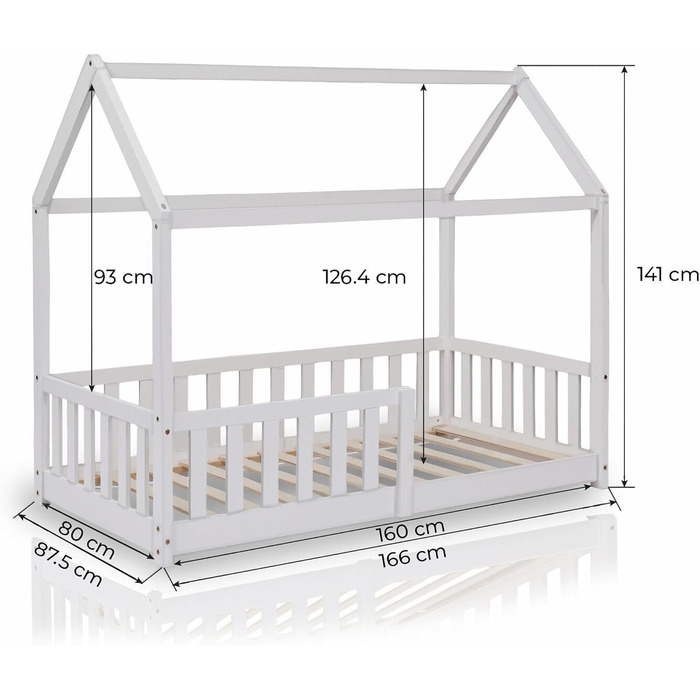 Дитяче ліжко ecomi 80x160 Ліжко на підлозі Дитяче ліжко-ліжко-будиночок із захистом від падіння та рейковою основою для дітей Дитячі ліжка для дівчаток та хлопчиків Масив сосни білого кольору 80x160 Білий