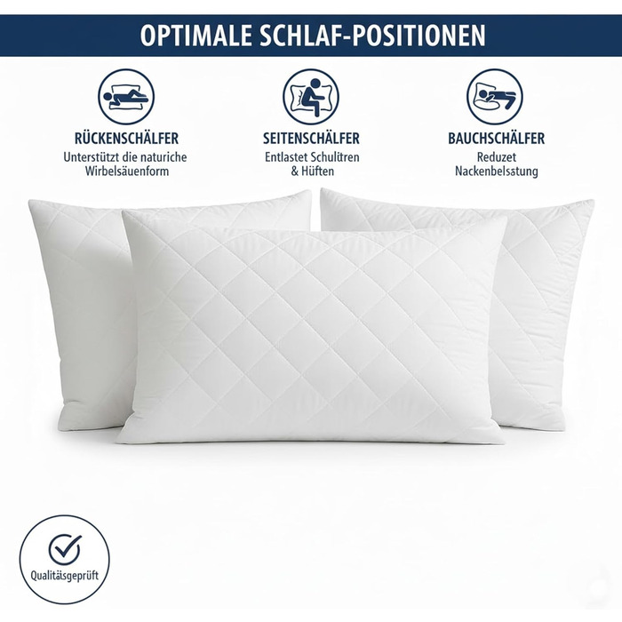 Стьобані подушки, 2 шт. (80x80 см), подушки готельної якості, подушки для сну на боці, швидко відновлюються, пилонепроникні, високоякісні наповнені подушки 80x80 см - 2 шт., білі